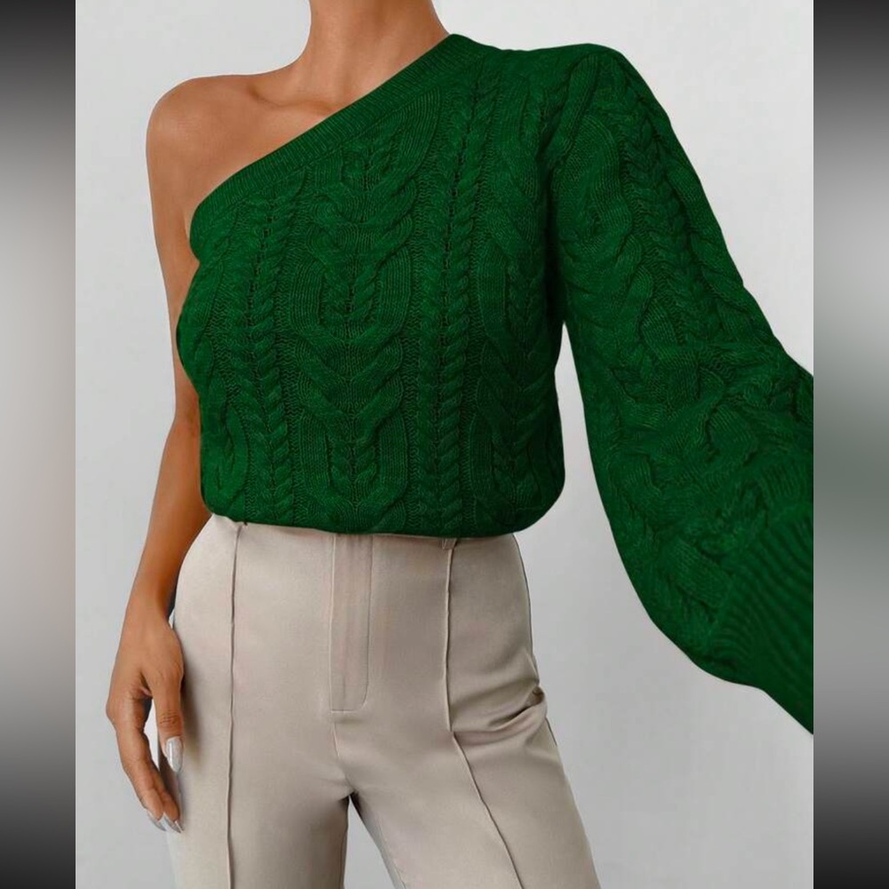 Luxe black one shoulder cable knit sweater top - Picture 10 of 13
